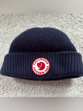 Fjällräven Navy Blue Wool Ribbed Beanie with Red Logo Patch